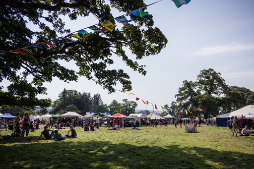 Crowds sitting in a field enjoying the weather, surrounded by tents and flags