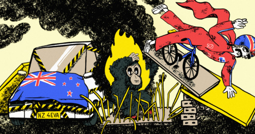 Illustration of a  stuntman jumping from a burning car, emblazoned with the New Zealand flag, while a chimpanzee watches on