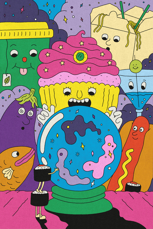 A group of anthropomorphic food items gaze into a crystal ball