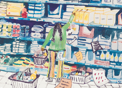 An illustration of a figure in a green top reaching for groceries from a high shelf, as notes and lists fall from their bag