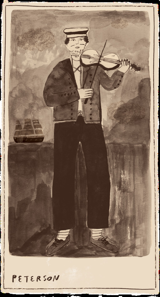 An illustration of a sailor playing the fiddle with a boat in the distance. The illustration is sepia-toned, to resemble an old photograph. The name 'Peterson' is written in the bottom left corner of the image.