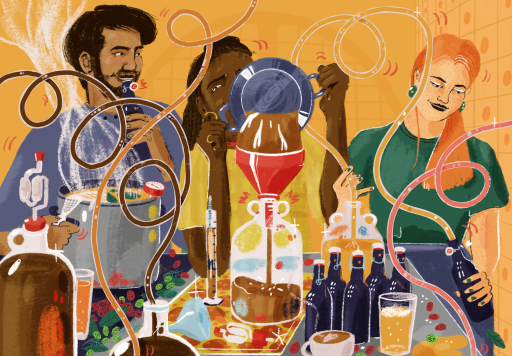An illustration of three people working together to make beer at home. An Asian man with a dark beard in a plain blue T-shirt stands over a pan of steaming liquid holding a bottle; a Black woman with long dark hair in a yellow top pours beer through a funnel into a large glass jug; a white woman with long red hair fills bottles from a tube which seems to run across the entire scene. The foreground is filled with bottles, pint glasses, brewing jugs and other homebrewing equipment.