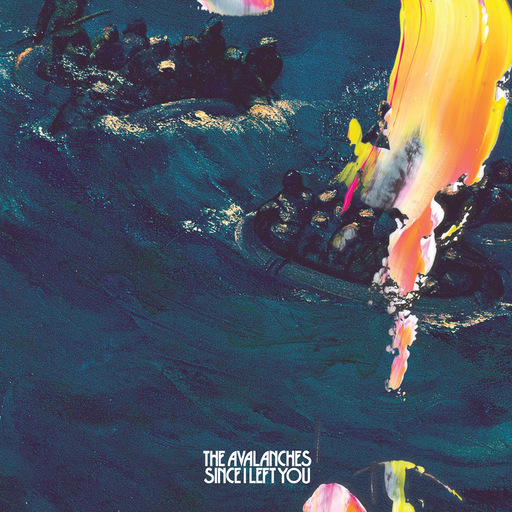 Cover art for The Avalanches album 'Since I Left You'. A painted image of two small boats, each with multiple people on board, sailing on an ocean. A large, painterly streak of yellow and red partially covers one of the boats; text at the foot of the image reads 'The Avalanches, Since I Left You'.