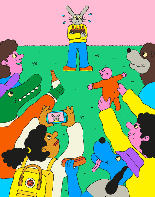 Illustration of a group of humans and anthropomorphic animals surrounding an anxious rabbit at what appears to be a party. Figures from the crowd are taking photos and offering various items to the rabbit, which is standing nervously by the wall.