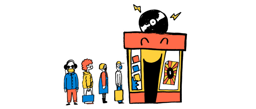 Illustration of four people outside an anthropomorphised record shop.