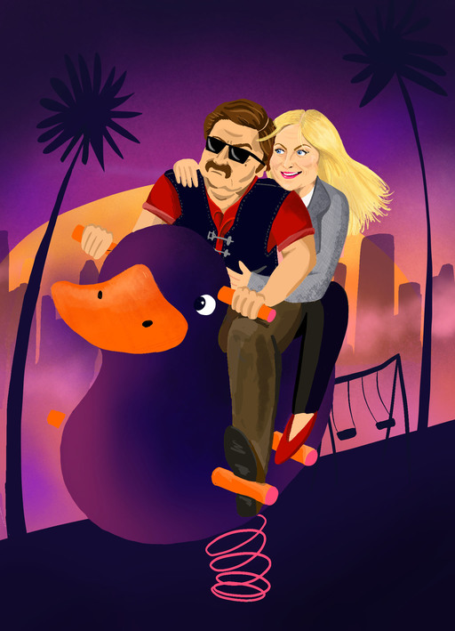 An illustration of Ron Swanson and Leslie Knope from the TV show Parks and Recreation, both riding a piece of playground equipment in the shape of a duck. 