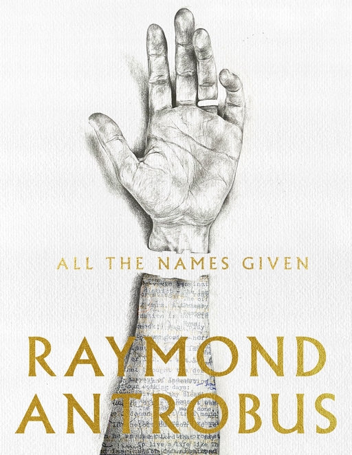 Book cover for All the Names Given by Raymond Antrobus. A pencil drawing of a hand, separated from its arm by the book's title in gold text; author's name appears at the bottom of the image.