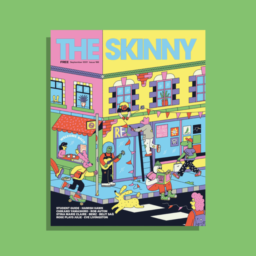 The cover of The Skinny's September 2021 issue; a pink and yellow building inhabited by a group of anthropomorphic animals.