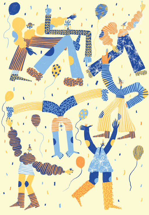 A group of abstract illustrated figures dance amid confetti and balloons.