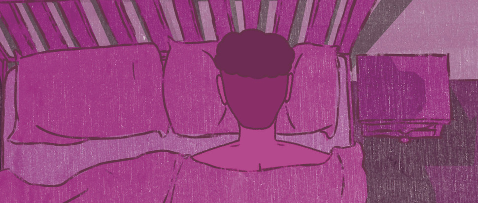 A pen drawing of a man lying face down in a bed, the duvet up to his shoulders. There is a purple hue to the entire image.