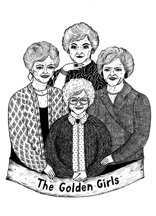 A black and white illustration of the cast of The Golden Girls, smiling towards the viewer.