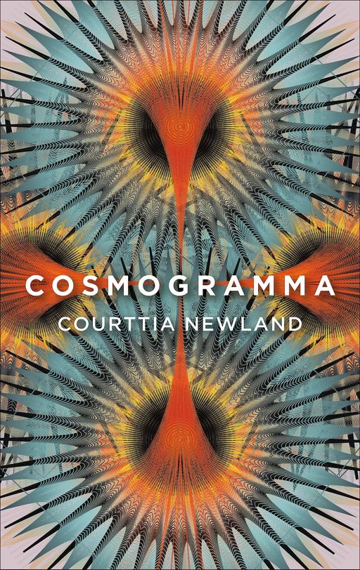 An illustration of four conical shapes, each tapering towards a point in the centre of the image. The red shapes are surrounded by sunburst-like blue and black shapes; overlaid text reads 'COSMOGRAMMA, Courttia Newland'