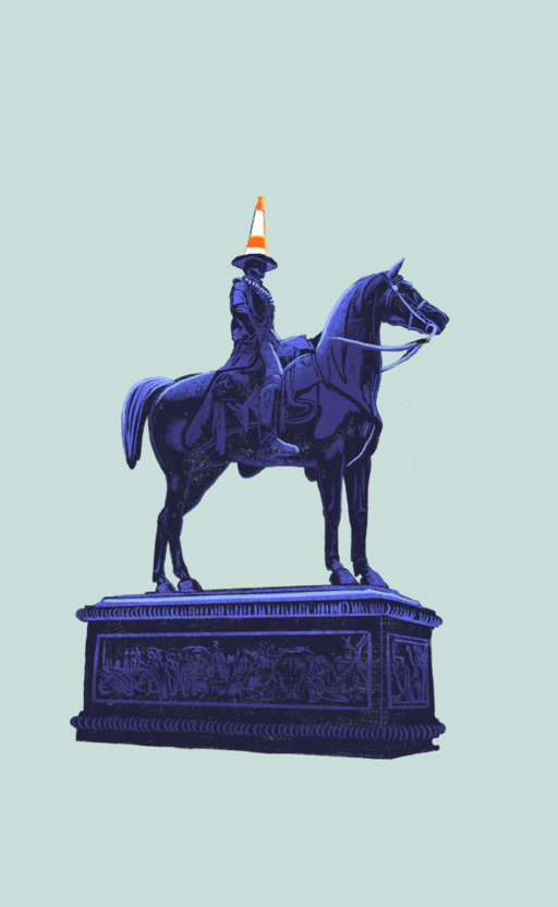 An illustration of a bronze statue of a man on a horse; there is a traffic cone balanced on the figure's head. Illustration is against a plain, teal background.