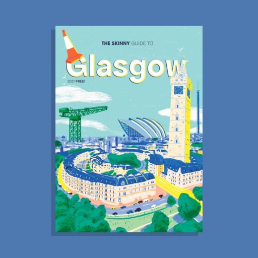 The cover of The Skinny guide to Glasgow. An illustration of a curved block of tenement flats viewed from the air, with a crane, the Clyde Auditorium and the Tron rising from the centre. Text on the image reads 'The Skinny Guide to Glasgow'; a traffic cone is positioned on top of the letter G in Glasgow.