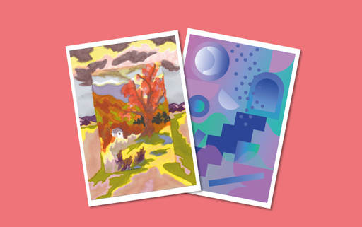 A pair of abstract illustrations, against a pink background.