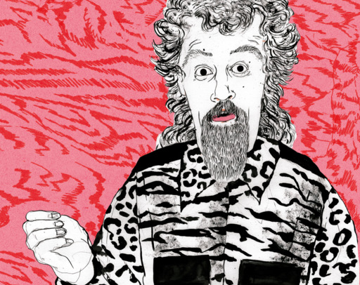 Illustration of Billy Connolly, set against a red and pink background.