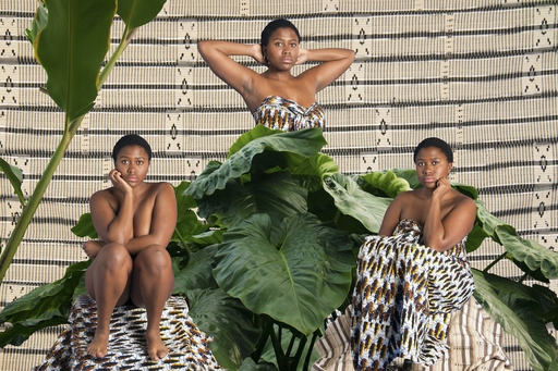 Artwork by Tayo Adekunle. A Black woman sits in three poses against a patterned backdrop, with plants and leaves dotted around the frame.