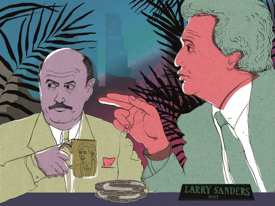 Illustration of Jeffrey Tambor and Garry Shandling; Jeffrey holds a mug with Garry's face on the side, while Garry points at Jeffrey.