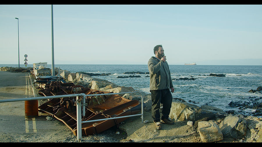 A bearded man stands by a harbour, looking out to the sea.