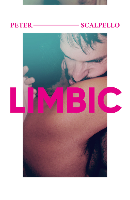 Book cover for Limbic by Peter Scalpello; a close-up photograph of two men embracing, with a white border. The author's name is above the image in pink text; the word 'LIMBIC', also in pink, is overlaid across the image.