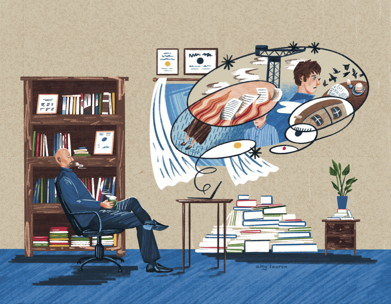 Illustration of an author sitting in his office, surrounded by books. A large thought bubble emanates from his laptop; the bubble depicts a number of scenes involving a young man.