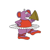 A cartoon drawing of a purple mouse wearing a tutu and ballet slippers. The mouse speaks from a megaphone
