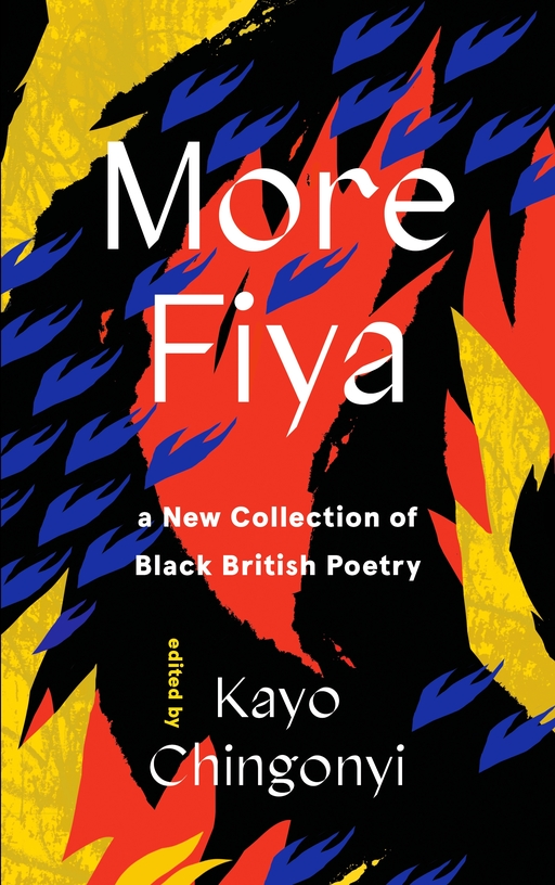 Book cover of More Fiya; red, yellow, blue and black patterned flashes, with the book title overlaid in white text.