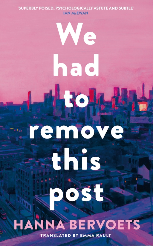 A pink and purple-toned illustration of a city skyline; overlaid text reads 'We had to remove this post, Hanna Bervoets'