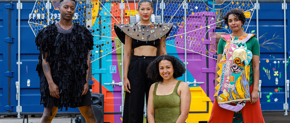 Collaborators KJ Clarke-Davis (left), Jess Paris (centre, standing) and Hamshya Rajkumar (right), with Ashanti Harris (centre). 
