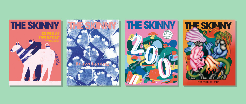Four covers of issues of The Skinny magazine, on a teal background.