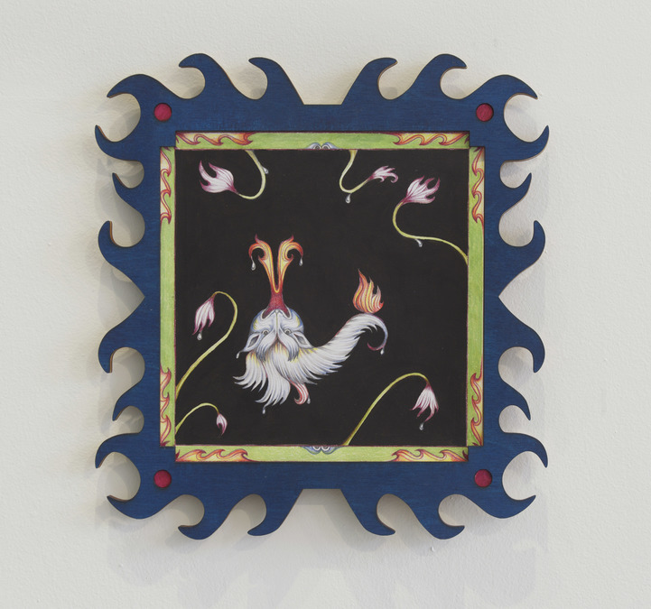 Artwork by Hannah Lim. A painting depicting an animal figure with flowers emerging from the corners. The work is mounted in a decorative frame with flame-shaped fins.