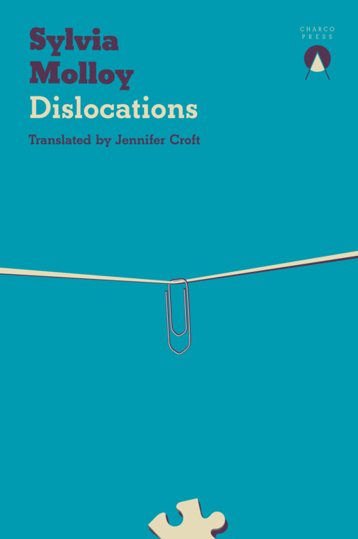 Cover of Dislocations. A teal illustration of a paper clip hanging on a wire, above a jigsaw piece.