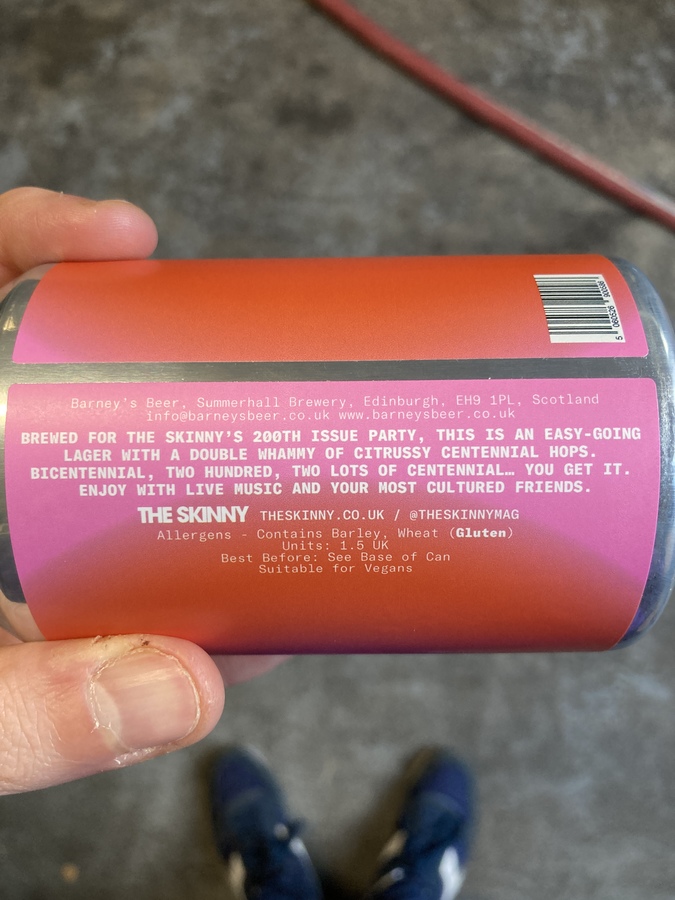 Photo of a can of The Skinny x Barney's beer, Bicentennial Can. Text reads: 'Brewed for The Skinny's 200th issue party, this is an easy-going lager with a double whammy of citrussy Centennial hops. Bicentennial, two hundred, two lots of Centennial... you get it.'