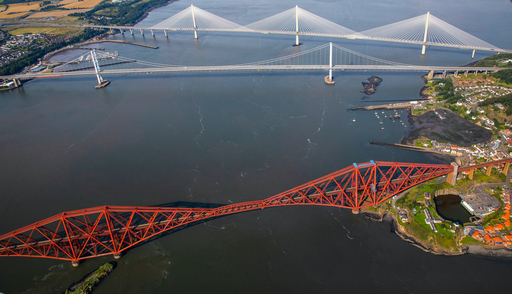 Aerial view of the Forth Bridge and Queensferry Crossing.