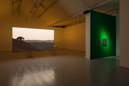 A hanging video screen in a low-lit art gallery, with a green wall off to the right.