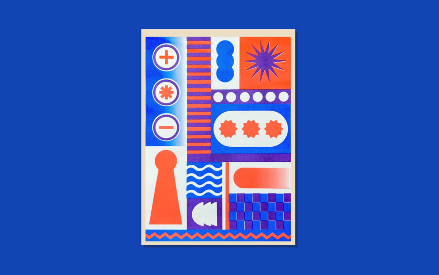 A blue and red illustration on a blue background.
