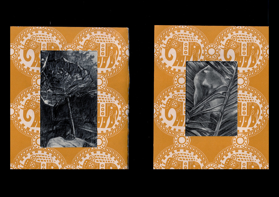 Two rectangles of orange paper with a white elephant pattern on them, against a black background. Within each orange section is a black and white pencil sketch.