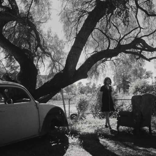 In this black and white still from Fremont, Anaita Wali Zada's character wanders between warped wire fences, stripped down cars, and trees.