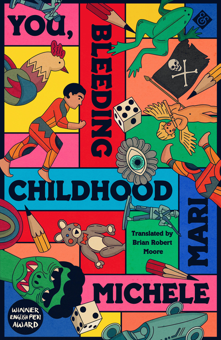 Cover artwork for You, Bleeding Childhood by Michele Mari. Illustration features a group of cartoon characters modeled after board game pieces.
