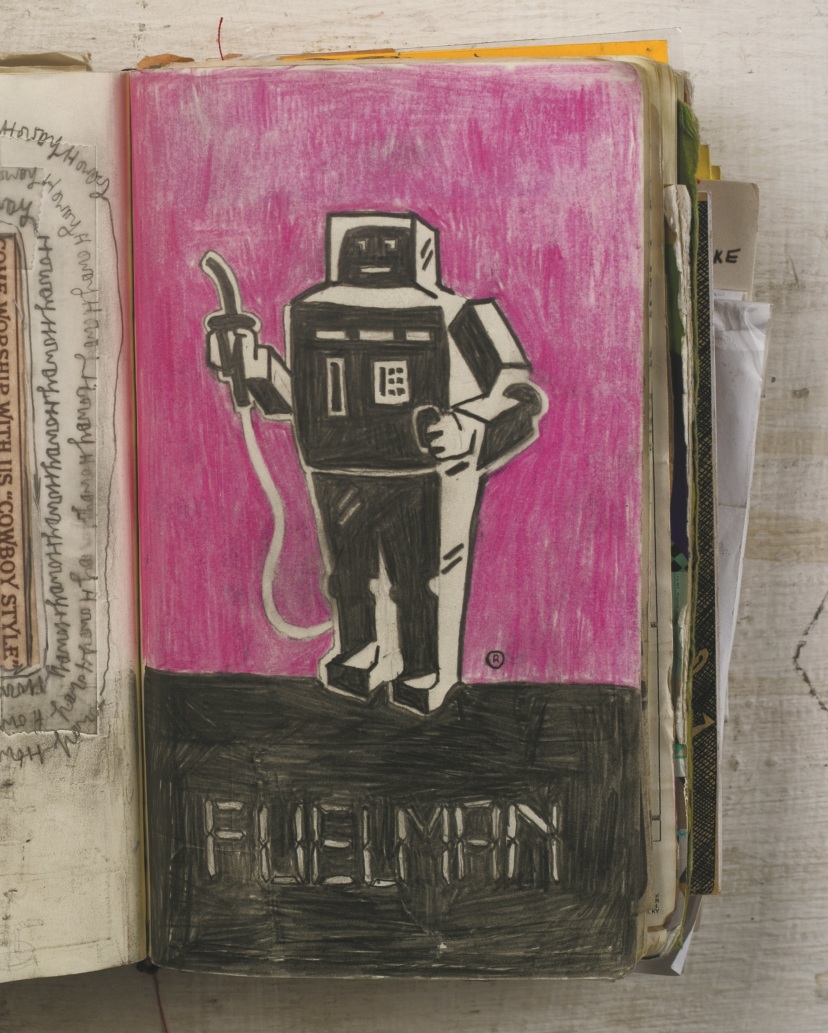 A pen illustration in a notebook. A blocky figure holding a petrol pump against a purple background; text underneath reads 'FUELMAN'