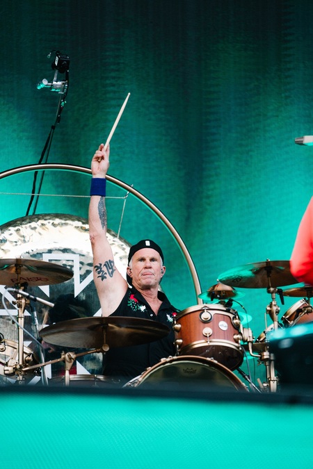 Chad Smith of Red Hot Chili Peppers behind his drum kit in Glasgow.