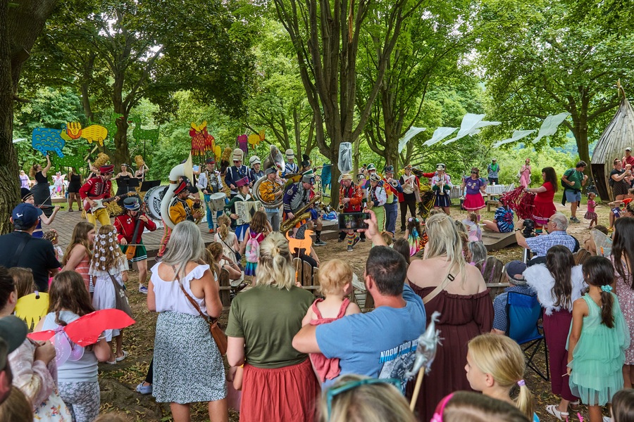 Crowd photo from the Fairy House Festival. Audience members watch a marching band while other figures can be seen performing.