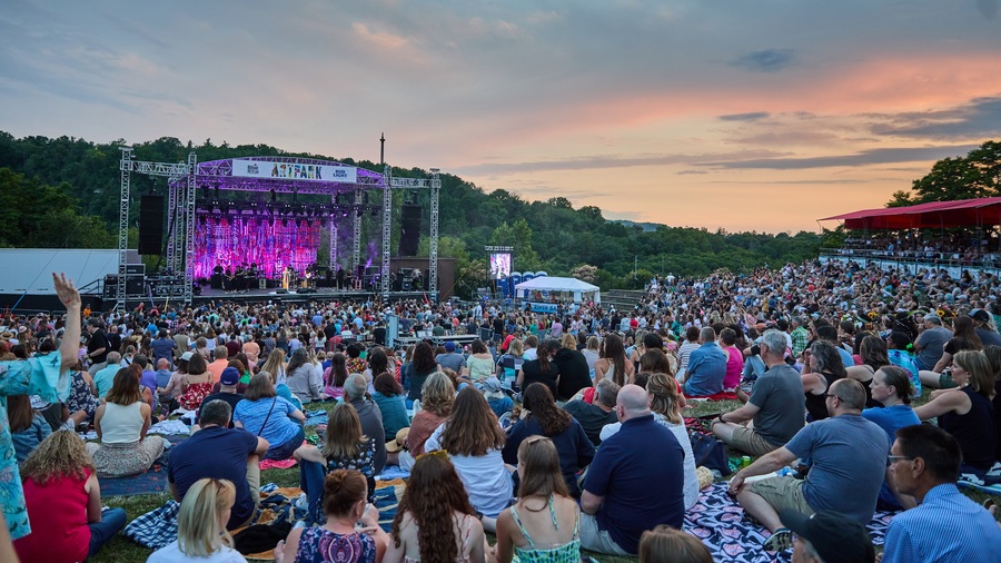 Photo from a concert at Artpark. A large crowd sits in front of a stage.