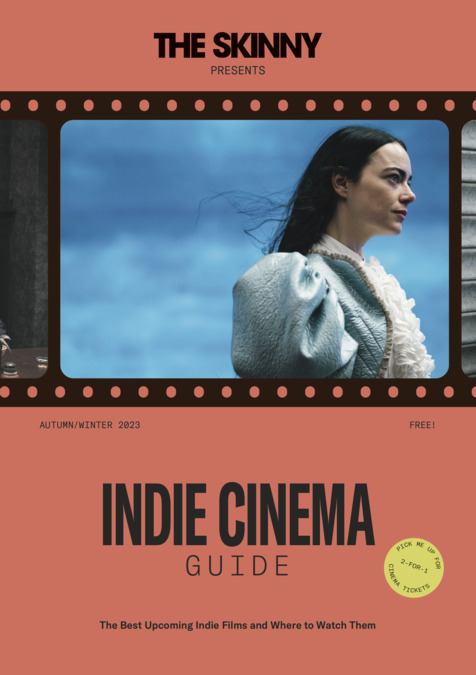 Cover of The Skinny and Film Hub Scotland Indie Cinema Guide. A red page with an image of Emma Stone in Poor Things within a film strip-style border.