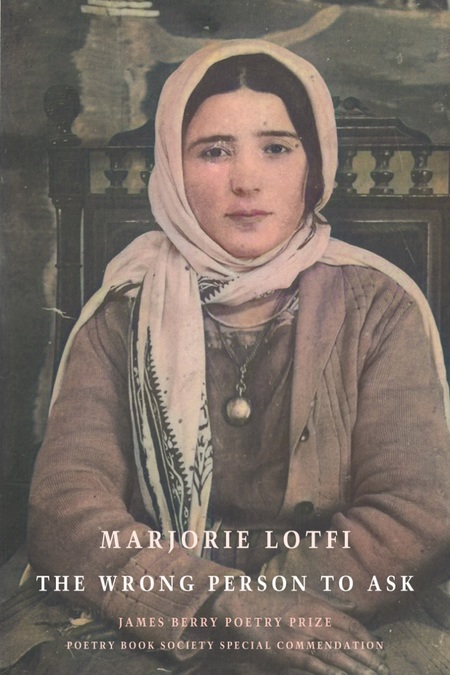 Cover art for The Wrong Person to Ask by Marjorie Lofti. An image of a young woman wearing a headscarf, sitting in a wooden chair. Text with book title is overlaid at the bottom of the image.