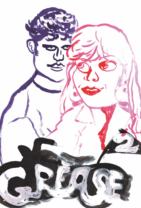 A line painting of a man and a woman, with the words 'Grease 2' at the bottom of the image.