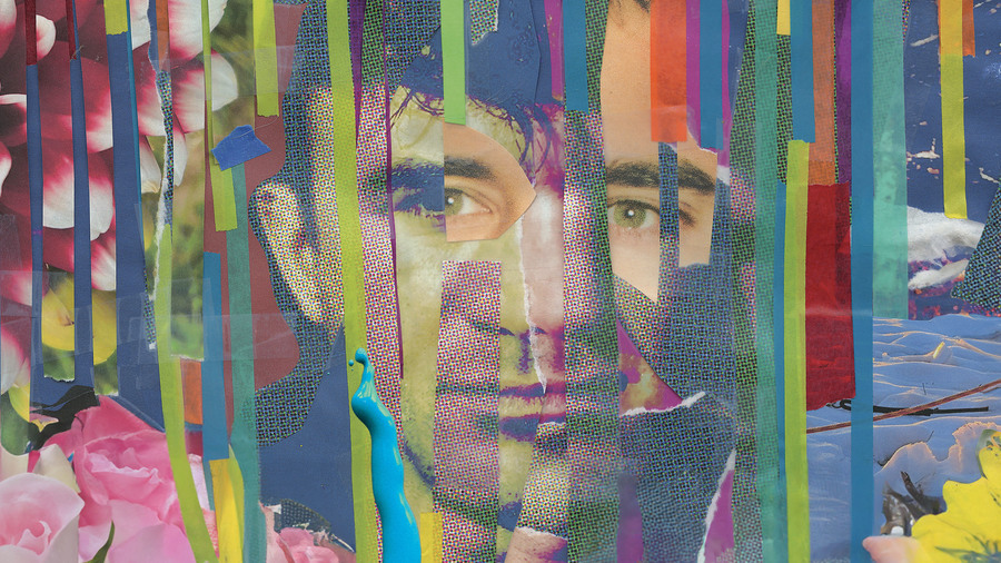 Collage photograph of Sufjan Stevens, comprised of coloured strips of photograph to make up one portrait.