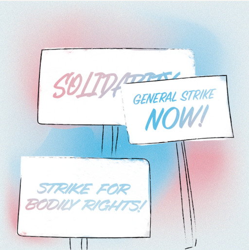 An illustration showing picket signs against a pink, white and blue background. In the same colours, the writing on each sign reads "Solidarity", "General Strike Now!", and "Strike for Bodily Rights!"
