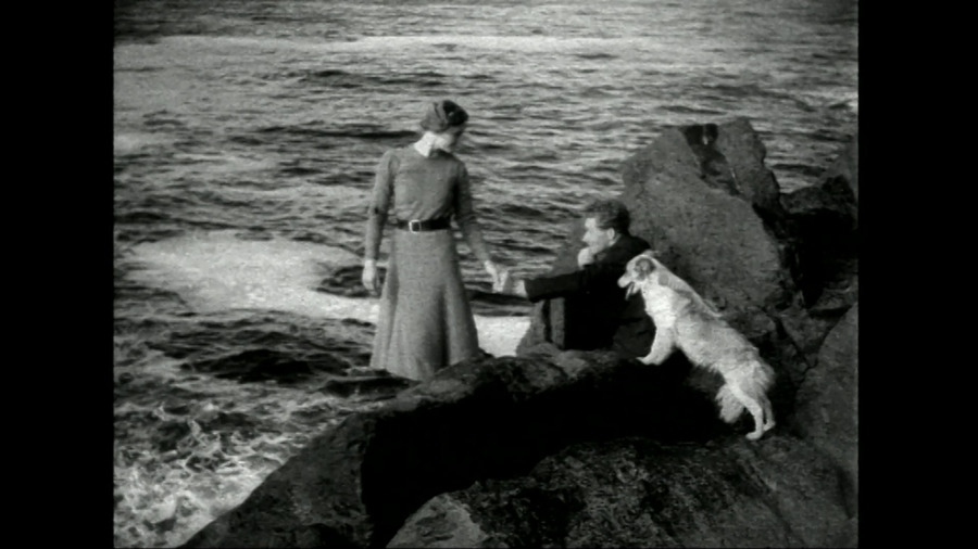 A black and white still from the film 'The Rugged Island'. A woman and a man hold hands while standing on a rock by the sea; a dog looks on.