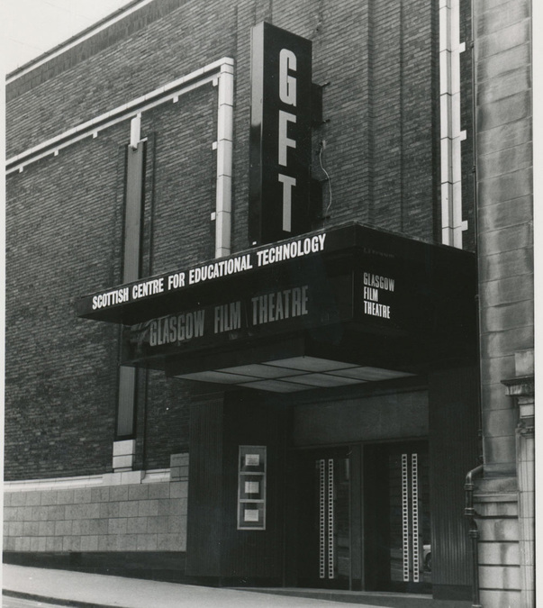 Black and white photograph of the exterior of Glasgow Film Theatre.